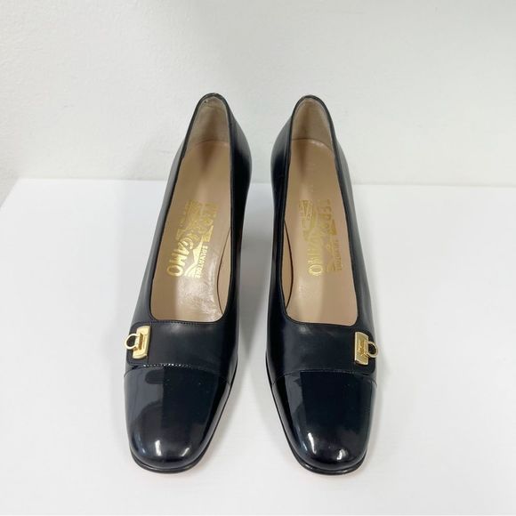 Salvatore Ferragamo Black Leather Chunky Heels 6 AAAA Patent - Picture 2 of 7